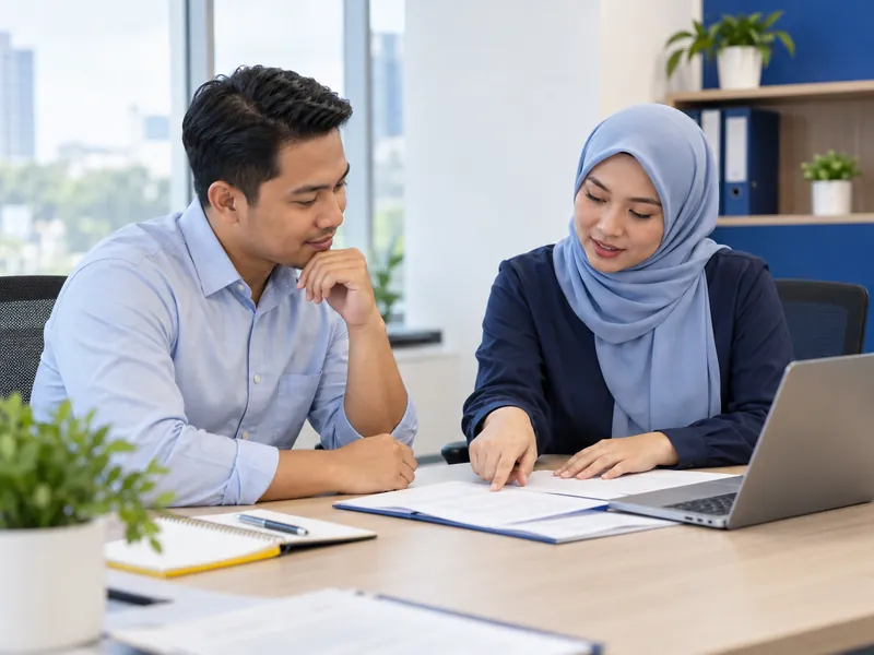 Financing consultant in a hijab reviewing loan paperwork with a client at a desk