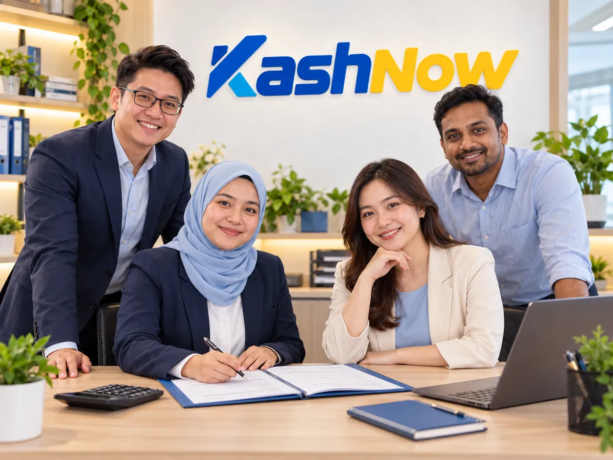 Smiling financing advisors at a desk in front of the KashNow logo
