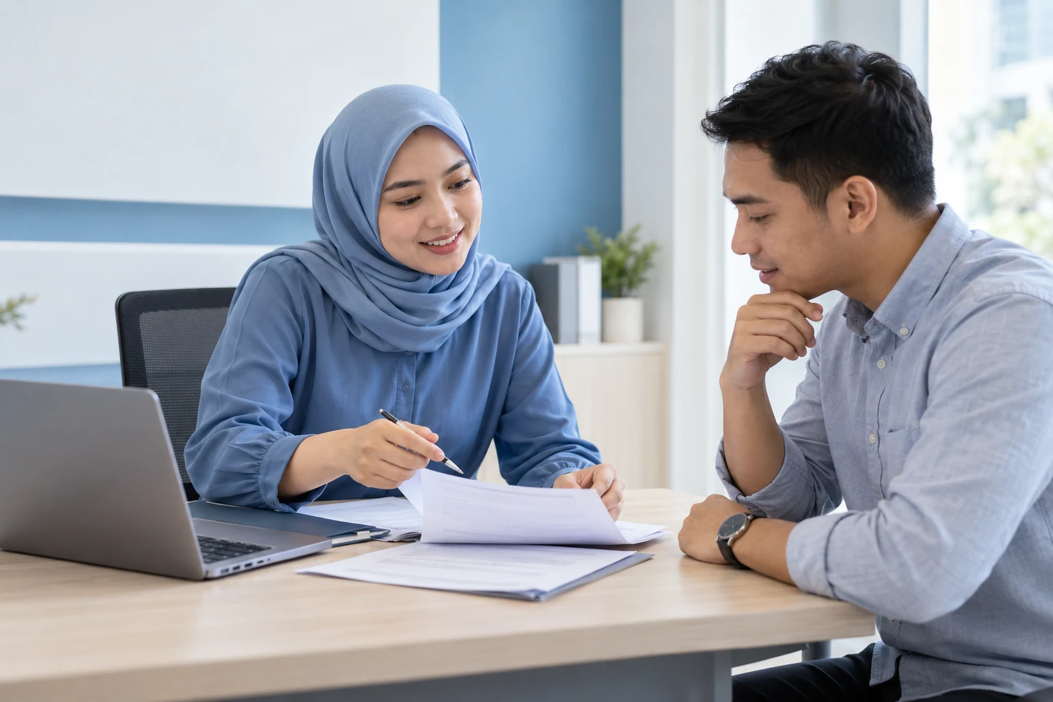 An illustrative professional consultation about loan options and financing paperwork