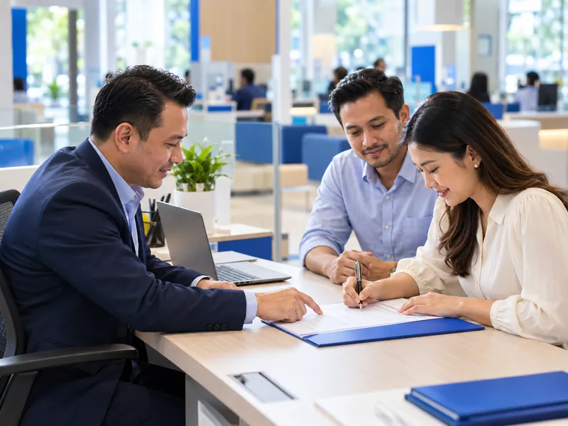 Bank officer guiding a couple through a bank loan application at a branch desk