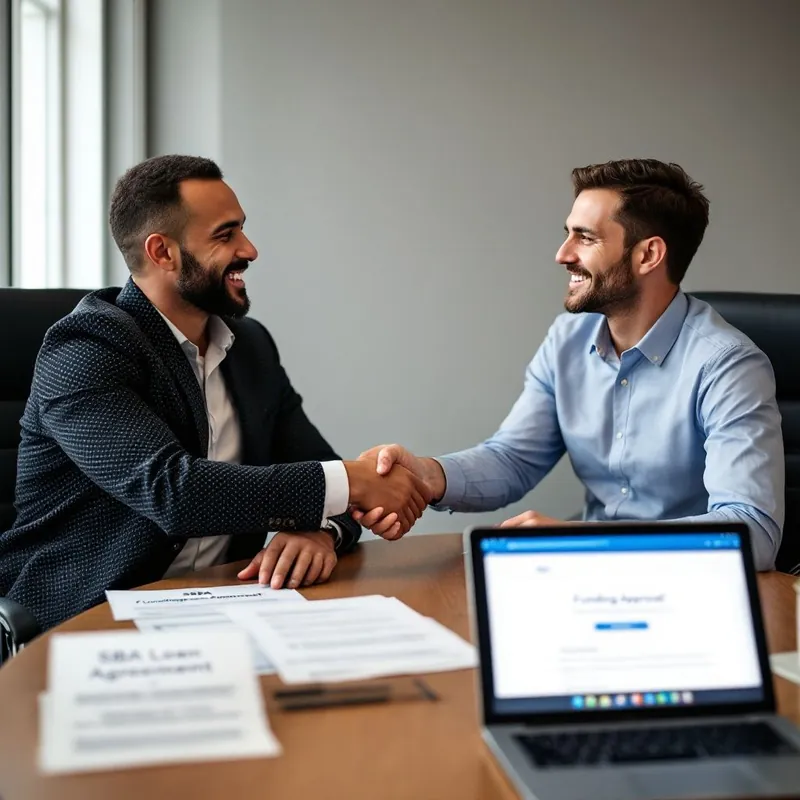 Two men shaking hands over signed personal loan documents and a laptop